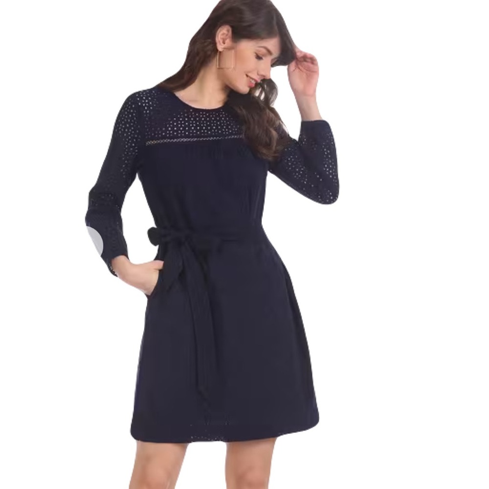 GAP cotton Eyelet Navy Blue Dress with Tie Belt